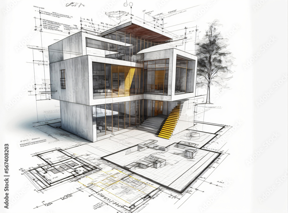 building project plan blueprint of a modern house. Designed using generative ai - obrazy, fototapety, plakaty 