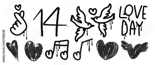 Set of spray paint valentine element vector. Hand drawn graffiti texture style collection of mini heart, hand sign, bird, melody note, date. Design for print, cartoon, card, decoration, sticker.