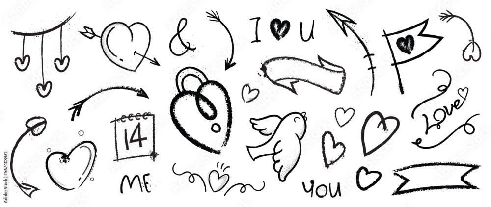 Naklejka premium Set of spray paint valentine element vector. Hand drawn graffiti texture style collection of heart, symbol, bird, banner, flag, arrow, calendar. Design for print, cartoon, card, decoration, sticker.