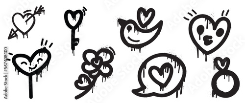 Set of spray paint valentine element vector. Hand drawn graffiti texture style collection of comic heart shape, love key, arrow, flower, bird. Design for print, cartoon, card, decoration, sticker.