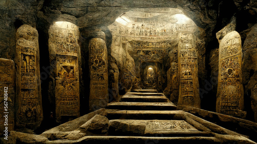 Antique background  underground civilization temple and cemetery with graves  columns  inscriptions and figures carved on the walls made with generative AI
