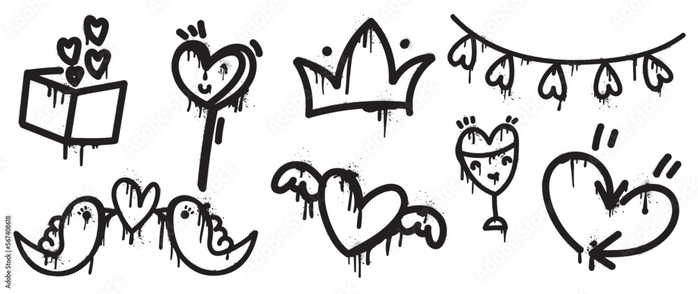 Obraz premium Set of spray paint valentine element vector. Hand drawn graffiti texture style collection of comic heart shape, crown, bird, flying heart, arrow. Design for print, cartoon, card, decoration, sticker.