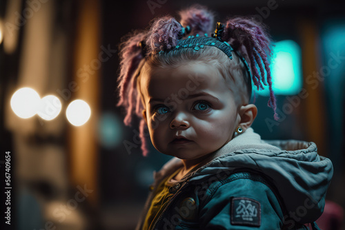 A fictional person. Cyberpunk baby fashion concept. Generative AI