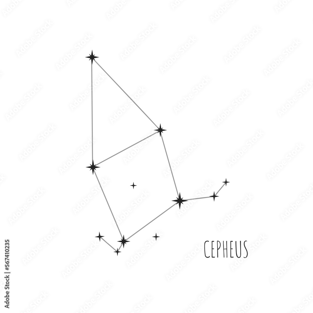 Simple constellation scheme Cepheus, Big Dipper. Doodle, sketch, drawn style, set of linear icons of all 88 constellations. Isolated on white background Simple constellation scheme Cepheus, Big Dipper. Doodle, sketch, drawn style, set of linear icons of all 88 constellations. Isolated on white background