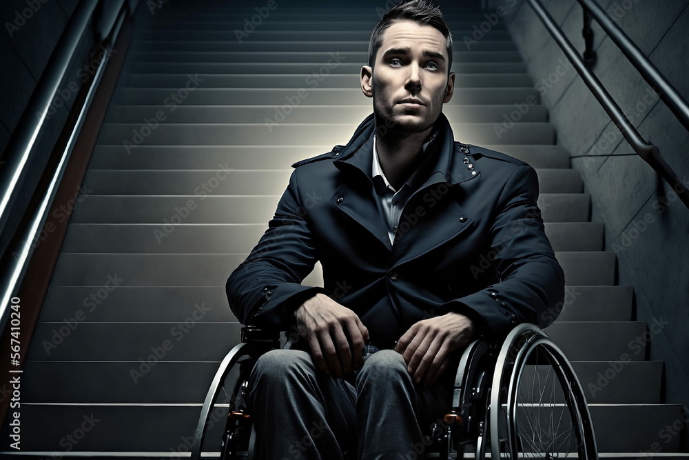 Homme dans un fauteuil roulant avec un escalier en arrière-plan ...