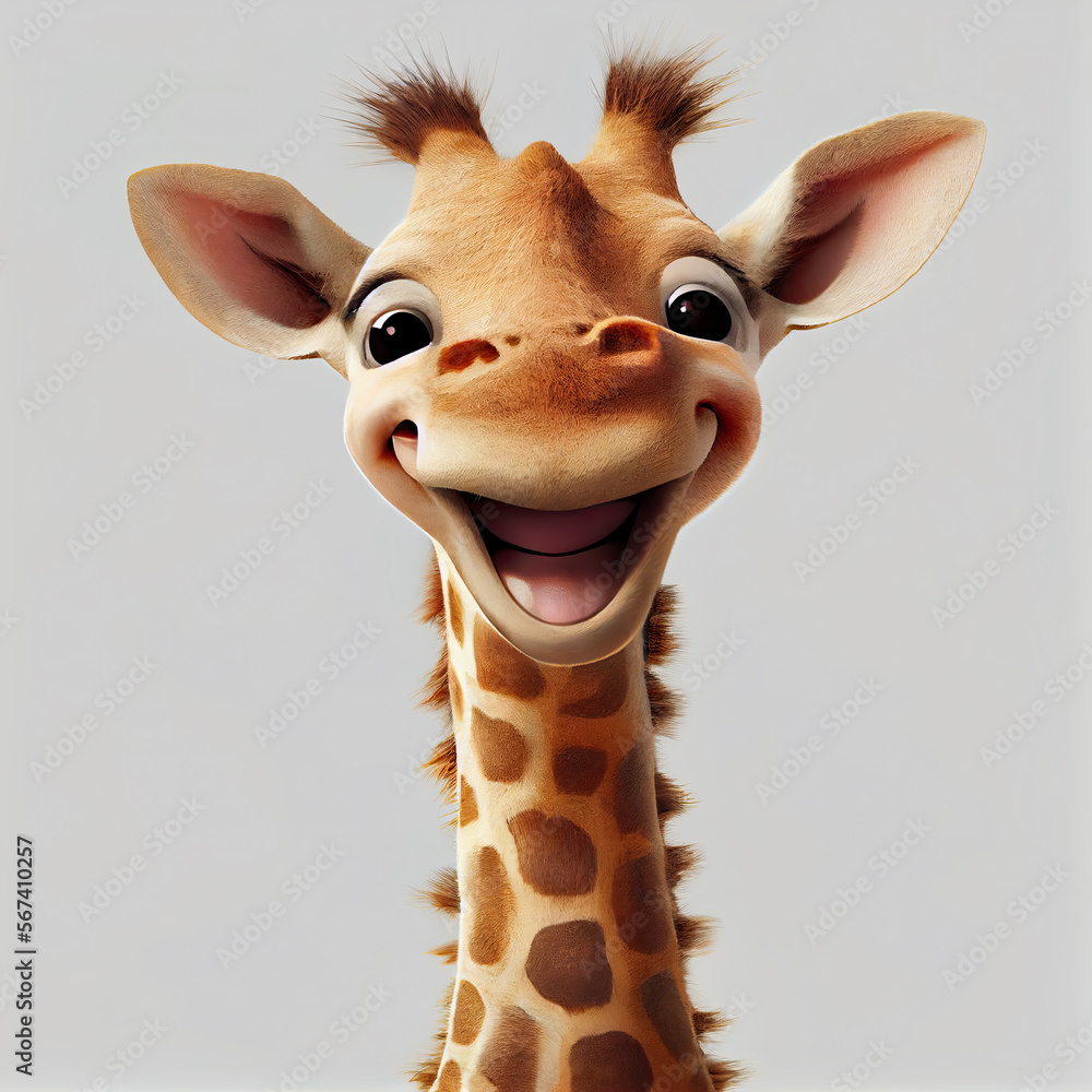 Cute and playful baby giraffe cartoon on a white background, perfect