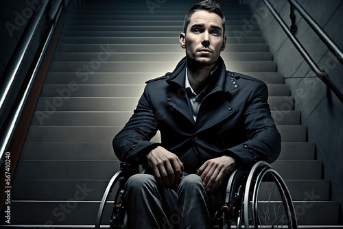 Homme dans un fauteuil roulant avec un escalier en arrière-plan, accessibilité des lieux publiques - illustration ia photo