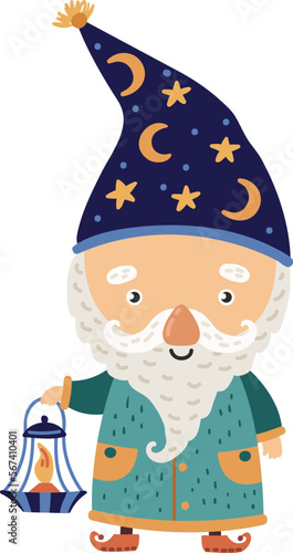 Funny magic gnome with lantern. Cute garden elf