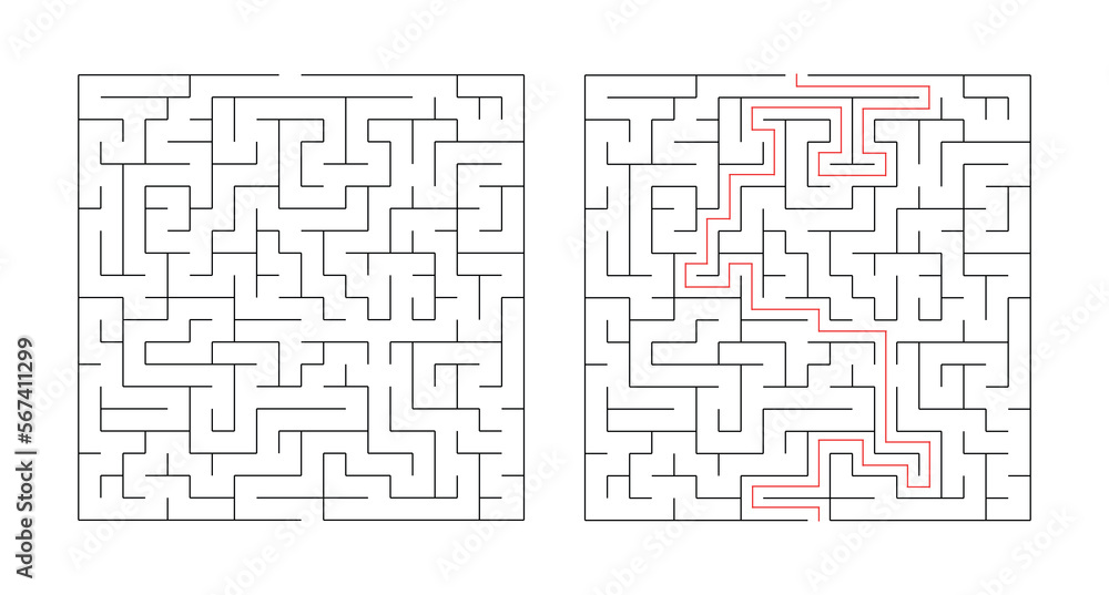 Square maze with the solution isolated on white background. Logic game labyrinth for kids. Labyrinth game way. Vector stock Square maze with the solution isolated on white background. Logic game labyrinth for kids. Labyrinth game way. Vector stock