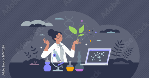 Biotech research with biology and technology science tiny person concept. Chemistry usage for crop cultivation, genetic experiments or bio based pharmacy vector illustration. Herbal DNA modification.