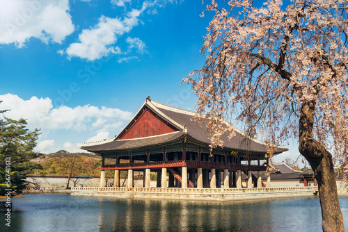 Gyeongbokgung palace in Seoul, South Korea.
Geunjeongjeon with cherry blossoms in bloom.