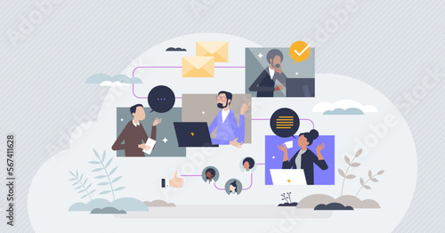 Team workflow and common project collaboration process tiny person concept. Work flow chain diagram with colleagues interaction and relationship vector illustration. Partner group professional job.