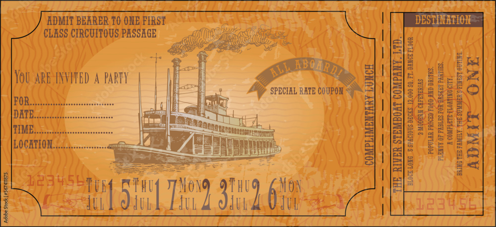 vector image of an old vintage misissippi steamboat ticket	