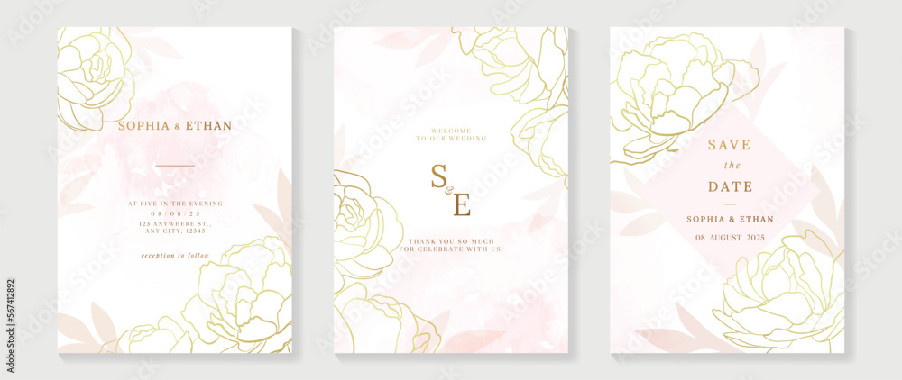 Luxury wedding invitation card background vector. Elegant botanical flower decorate with gold line art texture template background. Design illustration for wedding and vip cover template, banner.