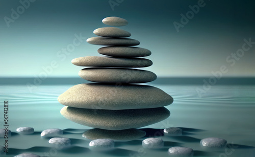 Balance stones on sea water, pebbles stack, zen and spa concept. Generative AI