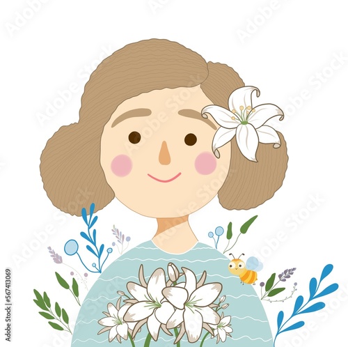 Beautiful  young girl with flowers and a bee art