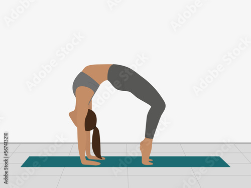 Slim female character goes in for sports on a sports mat indoors