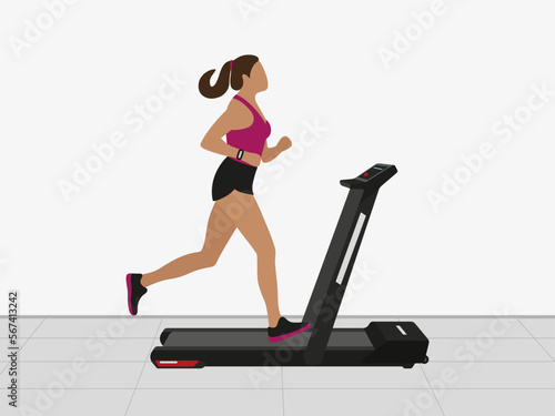 Female character running on a treadmill indoors