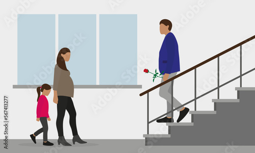 Pregnant woman and girl go to the stairs on which the man with a rose in hand is standing