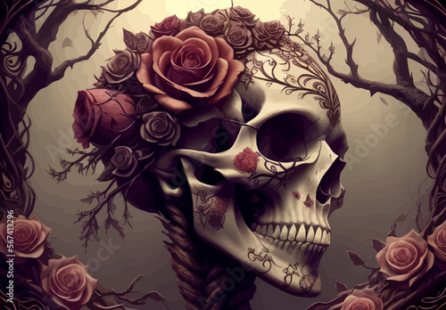Fototapeta Naklejka Na Ścianę i Meble -  Skull and roses vector illustration. Dark fantasy.