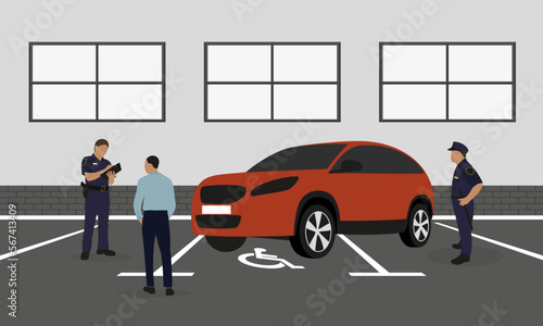 Modern crossover parked in a place for a disabled person and two policemen stand and issue a fine the driver