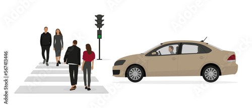 Two couples of young people are walking along a pedestrian crossing while a car with a driver is standing in front of a traffic light