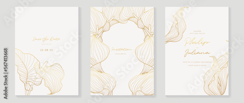 Luxury wedding invitation card background vector. Decorate with elegant botanical flowers golden line art texture template background. Design illustration for wedding and vip cover template, banner.