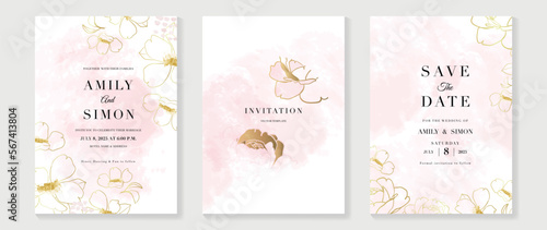 Luxury wedding invitation card background vector. Elegant botanical flowers gold line art and pink watercolor texture background. Design illustration for wedding and vip cover template, banner.