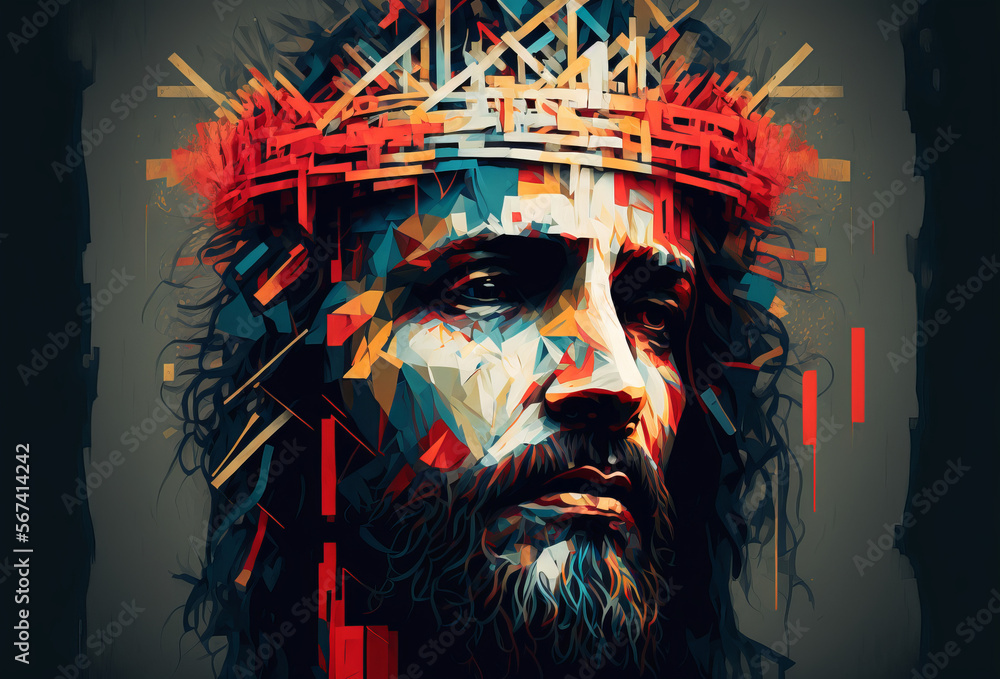 Abstract portrait of Jesus Christ wearing a crown of thorns. Generative