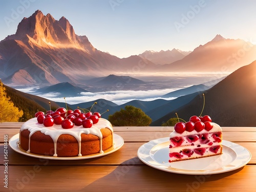 cherry cake on a table  mountains photo