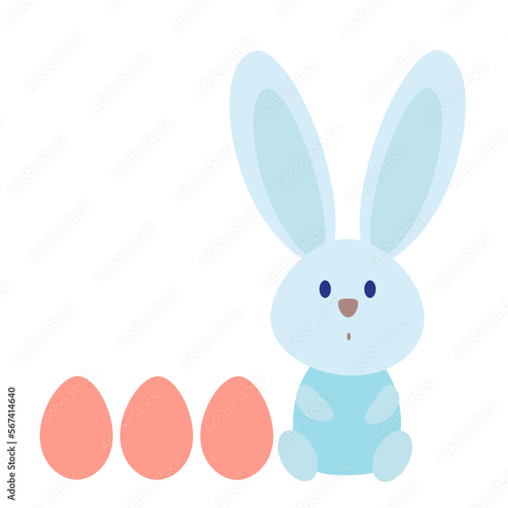 Cute blue bunny and three pink eggs in a row . Flat style .Gentle Easter vector illustration Cute blue bunny and three pink eggs in a row . Flat style .Gentle Easter vector illustration