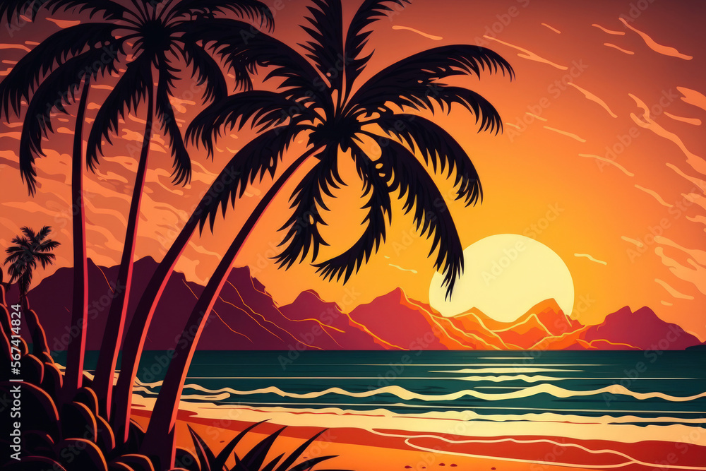 beautiful sunrise at the beach with palm trees. Generative AI
