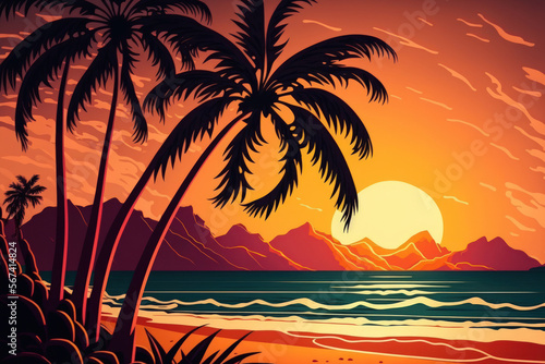 Foto beautiful sunrise at the beach with palm trees. Generative AI