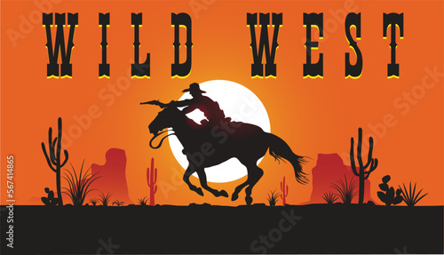 COWBOY ON A HORSE ON A SUNSET BACKGROUND