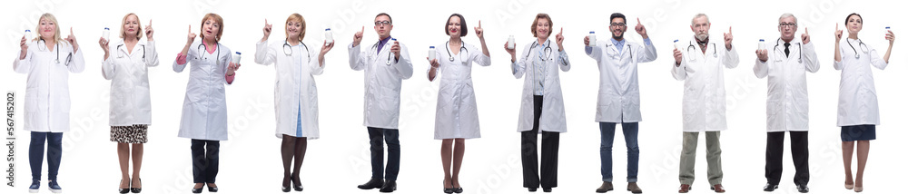 group of doctors holding jar isolated on white group of doctors holding jar isolated on white