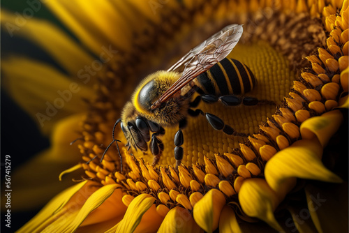 Bee on a Sunflower Macro, generative ai.