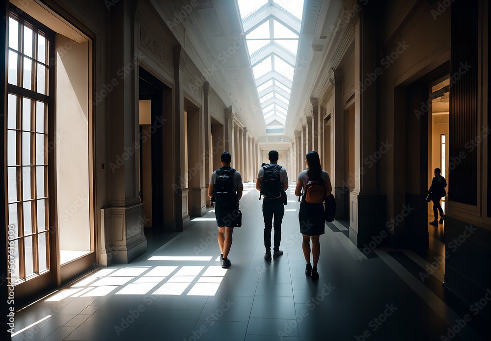Three teenagers walking down a hall, AI generation