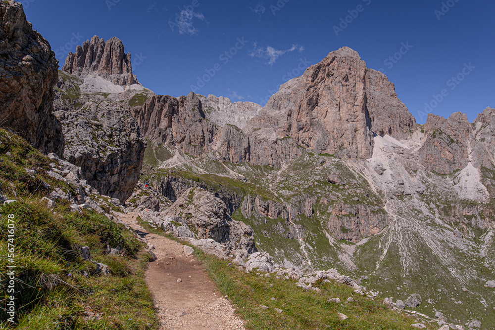 Sforcella and Mugoni South and East summits with Zigolade pass as seen from Ciampaz saddle, near Roda di Vael refuge, in the middle of Catinaccio/Rosengarten mountain massif, Dolomites, Italy