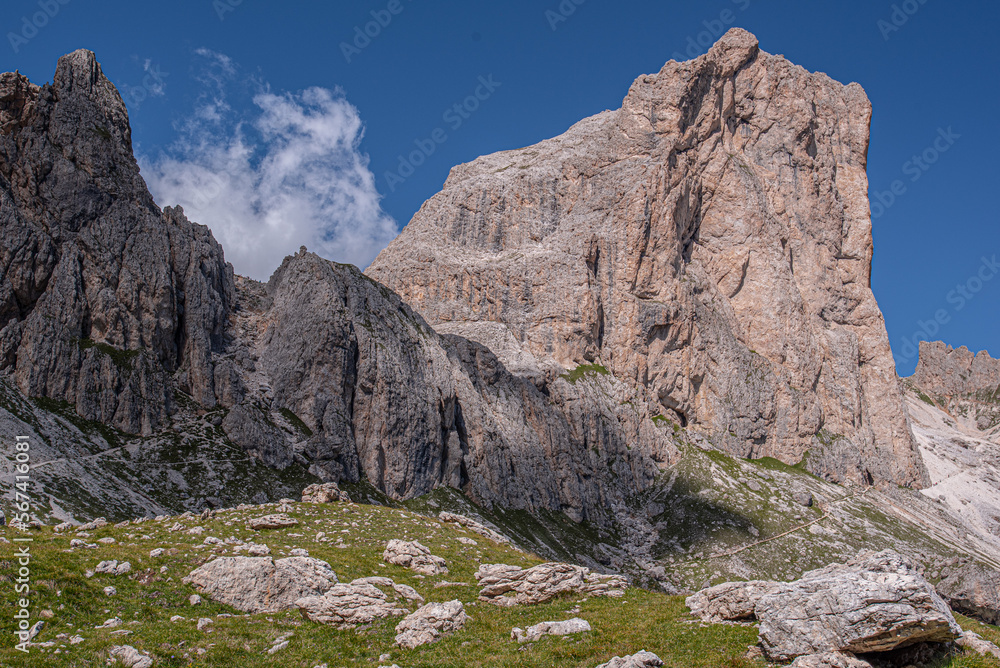 Sforcella and Mugoni South and East summits with Zigolade pass as seen from Ciampaz saddle, near Roda di Vael refuge, in the middle of Catinaccio/Rosengarten mountain massif, Dolomites, Italy