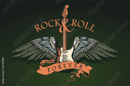 guitar with wings and the inscription rock and roll