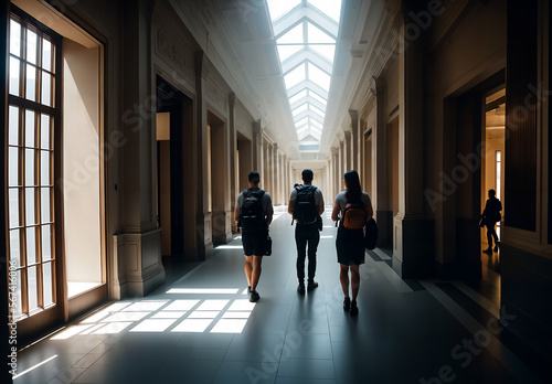 Three teenagers walking down a hall, AI generation