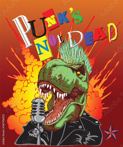 vector image of a punk rock festival poster with a singing tyrannosaurus rex in cartoon style