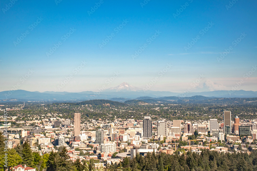 Aerial of Portland City Skyline With Mt. Hood in Background