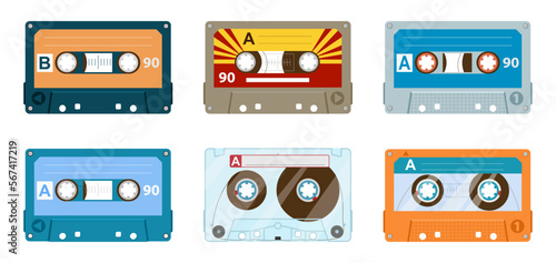 Stereo tape 80s cassettes. Cartoon vintage tape record, 90s music audio cassette, analogue player old tape flat vector illustration on white background