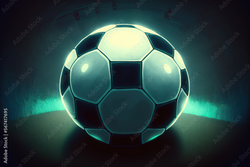 Fototapeta premium Close up of a soccer ball in the center of the stadium illuminated by the headlights. Generative AI