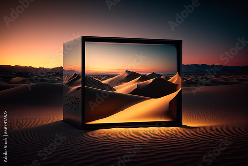Futuristic coceptual landscape with metal cube with interior light in a desert environment with twilight photo