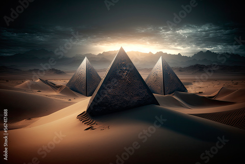 Futuristic coceptual landscape with metal pyramids with interior light in a desert environment with twilight