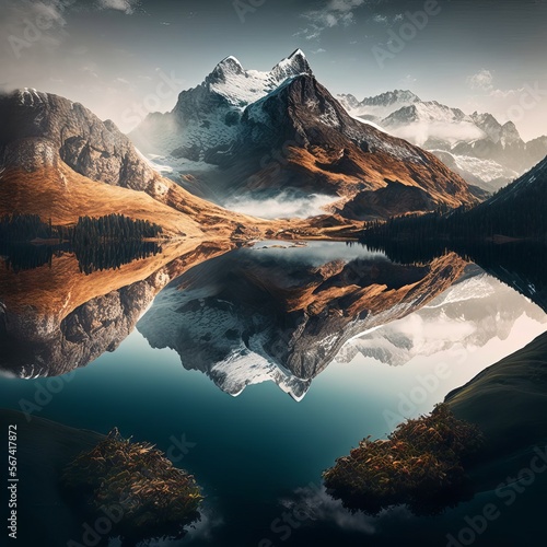 Idyllic alpine mountain peak landscape at sunset as digital illustration (generative AI)