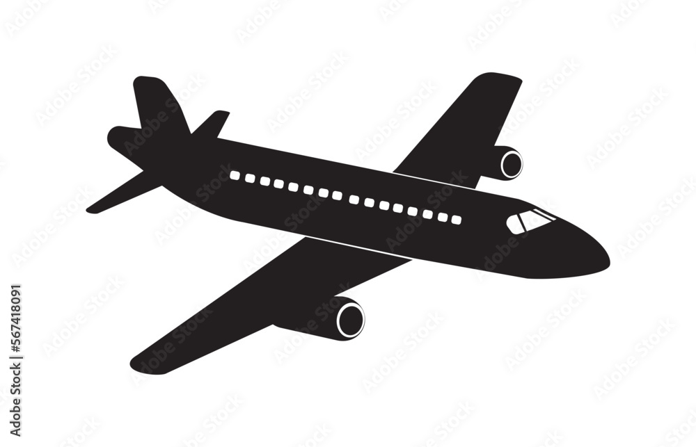 Airplane icon vector, black on white background
