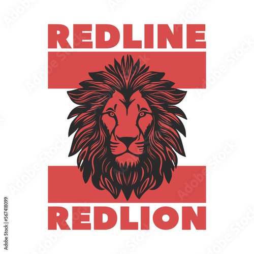 Vector head of a red lion with a mane on a white isolated background. Lettering, red line. Logo, icon or emblem. Representative of the wild world, the king of animals.